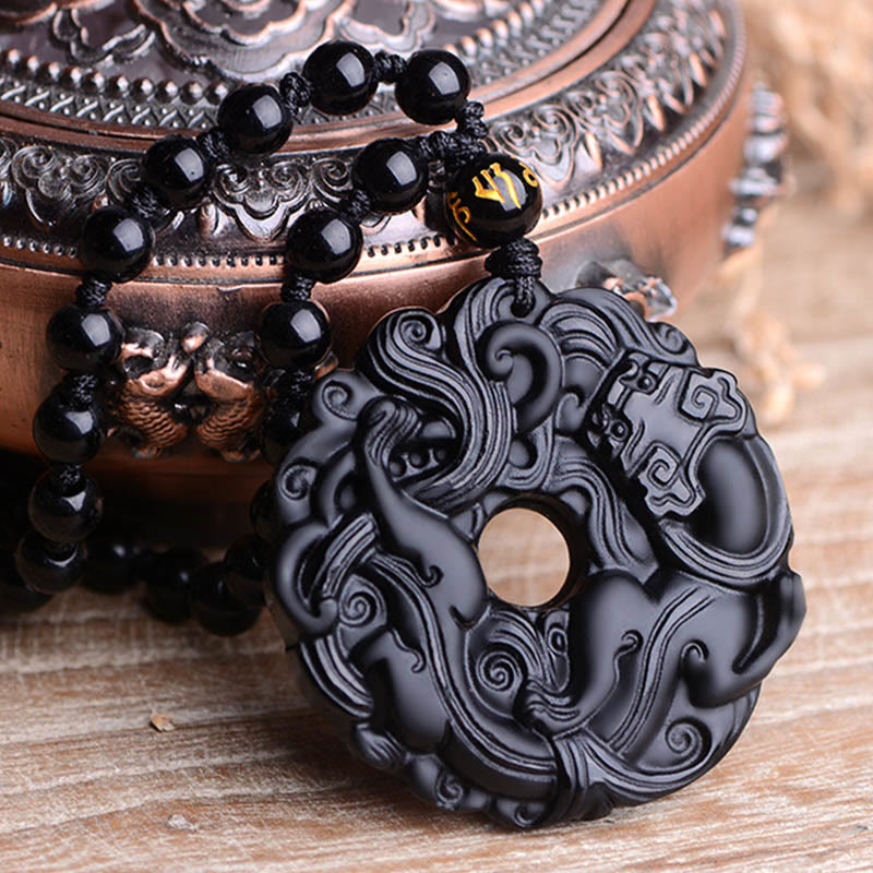 Natural Black Obsidian Peace Buckle Pixiu Purification Necklace Pendant