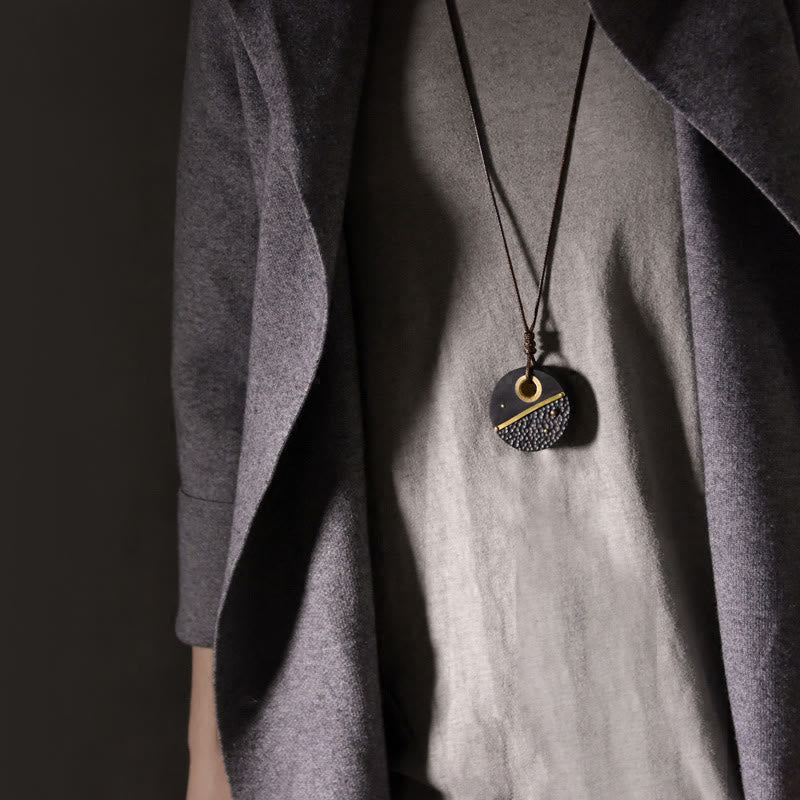 Handcrafted Round Ebony Wood Brass Copper Peace Necklace Pendant