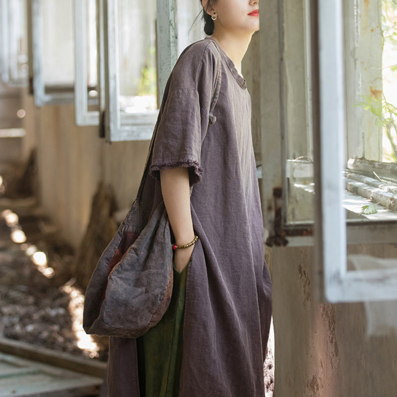 Mid Length Dress Ramie Linen Half Sleeve Split Hem Top T-Shirt