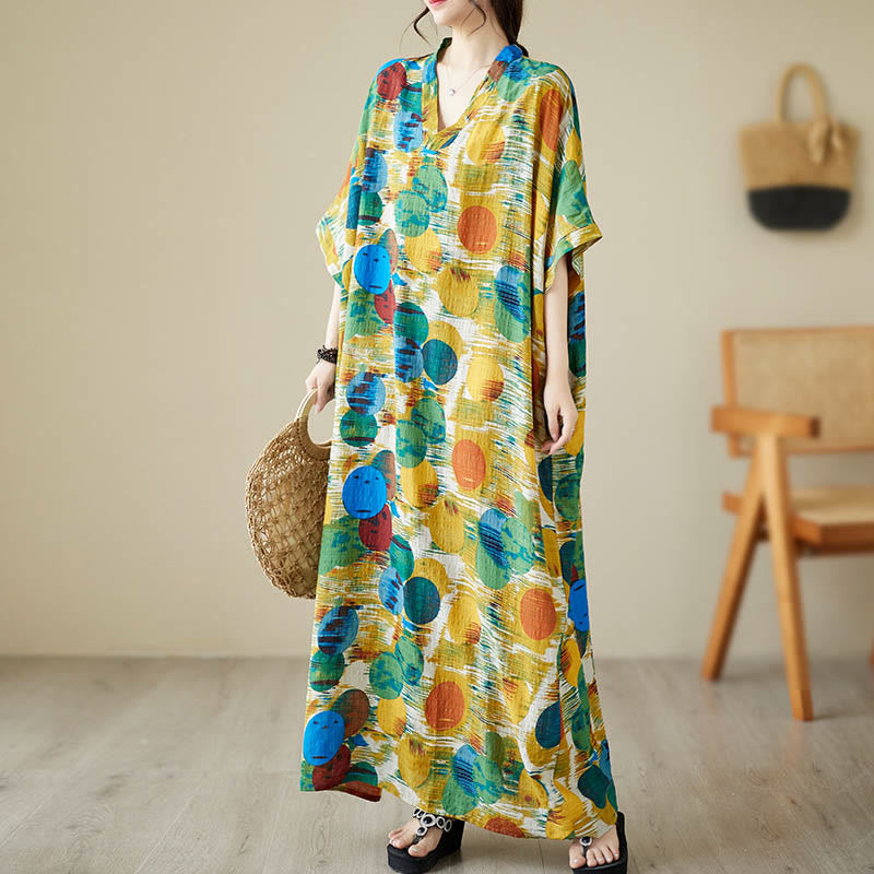 Orange Blue Colorful Polka Dots Midi Dress Cotton Half Sleeve Dress With Pockets