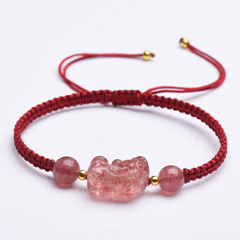 Natural Strawberry Quartz Pixiu Adjustable Red String Bracelet