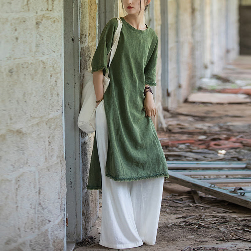 Mid Length Dress Ramie Linen Half Sleeve Split Hem Top T-Shirt