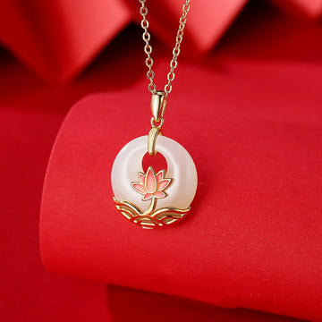 925 Sterling Silver Hetian White Jade Lotus Flower Blessing Necklace Pendant