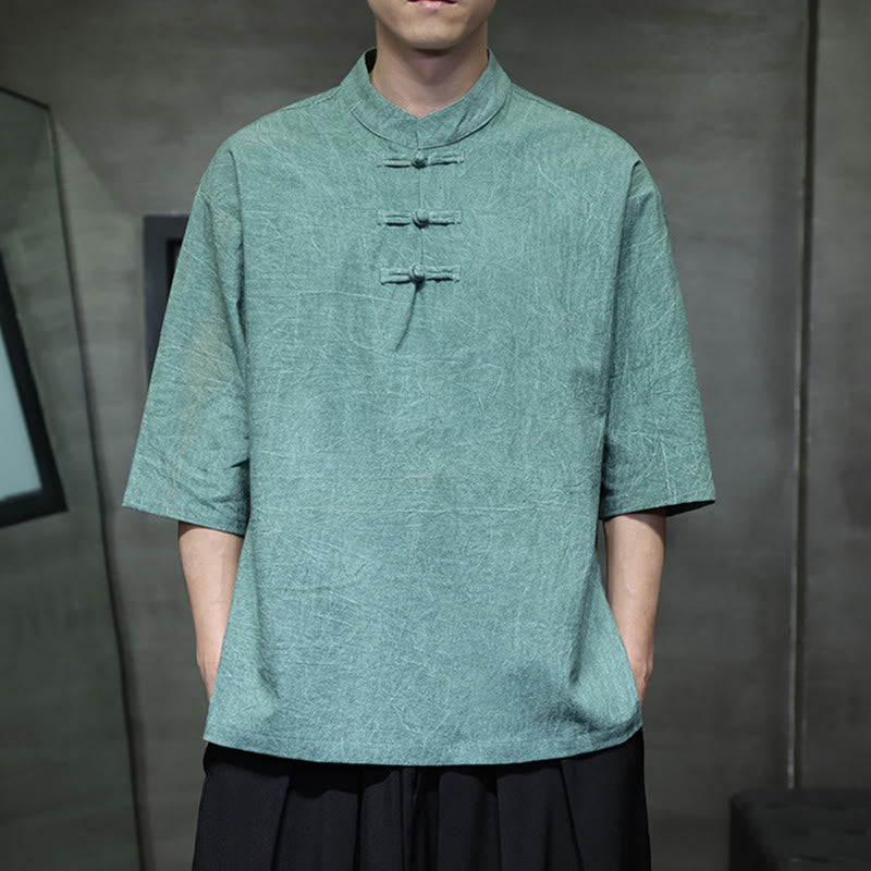 Cotton Linen Half-Sleeve Stand Collar Meditation Shirt