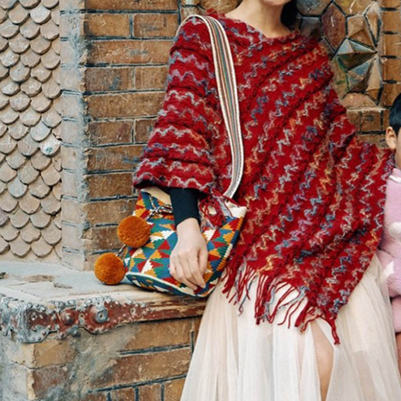 Tibetan Colorful Striped Shawl Tassels Pullover Winter Cozy Travel Scarf Wrap
