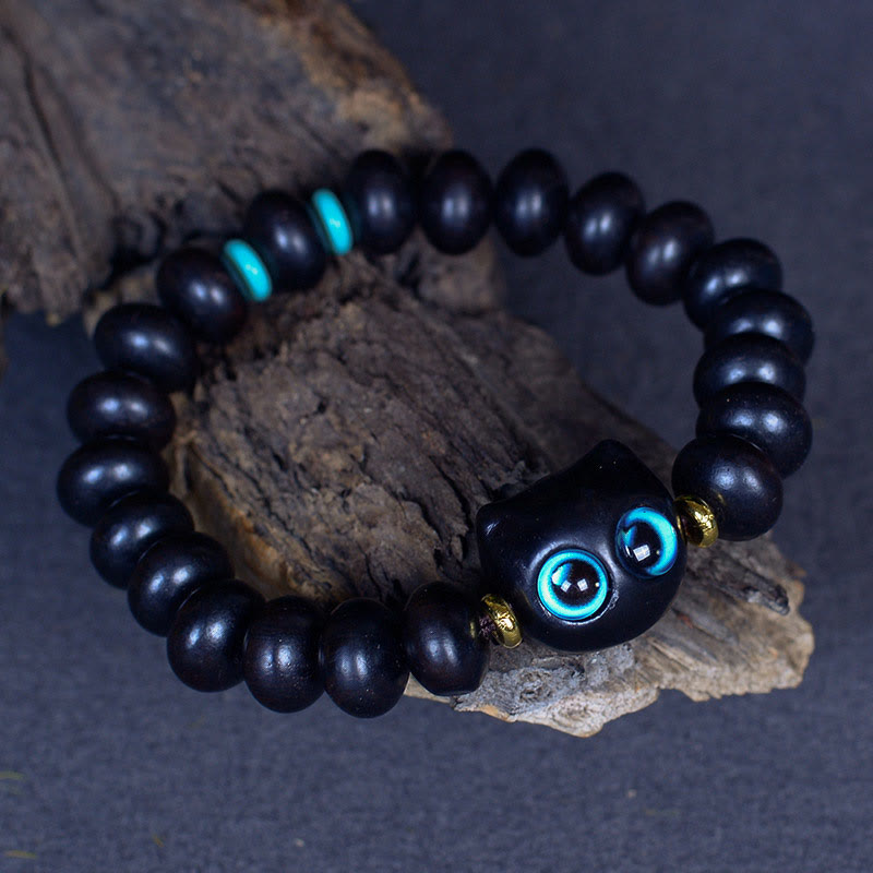 Natural Ebony Wood and Liuli Glass Lucky Cat Beaded Bracelet for Cat Lovers