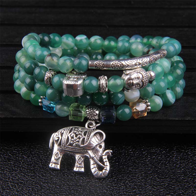 Handmade 999 Silver Plated Natural Agate Elephant & Buddha Charm Bracelet