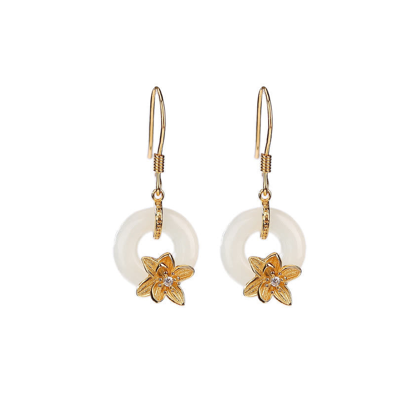 925 Sterling Silver Hetian Jade Peace Buckle Orchid Prosperity Earrings