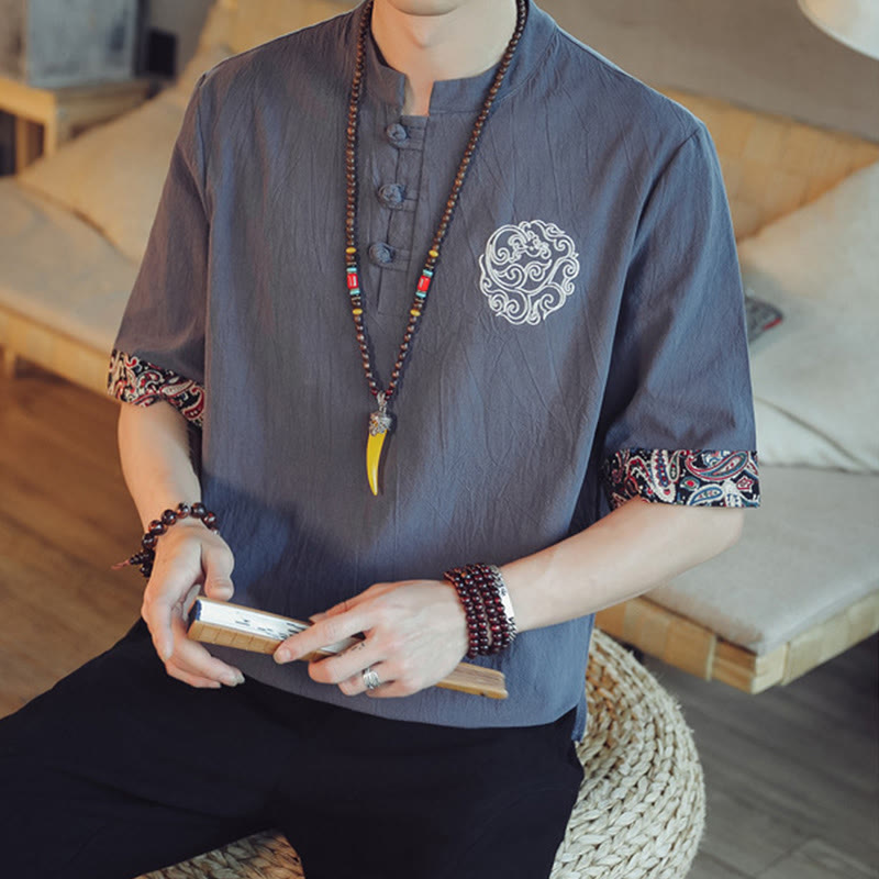 Frog-Button Dragon Embroidery Chinese Tang Suit Short Sleeve Shirt Linen Men Clothing