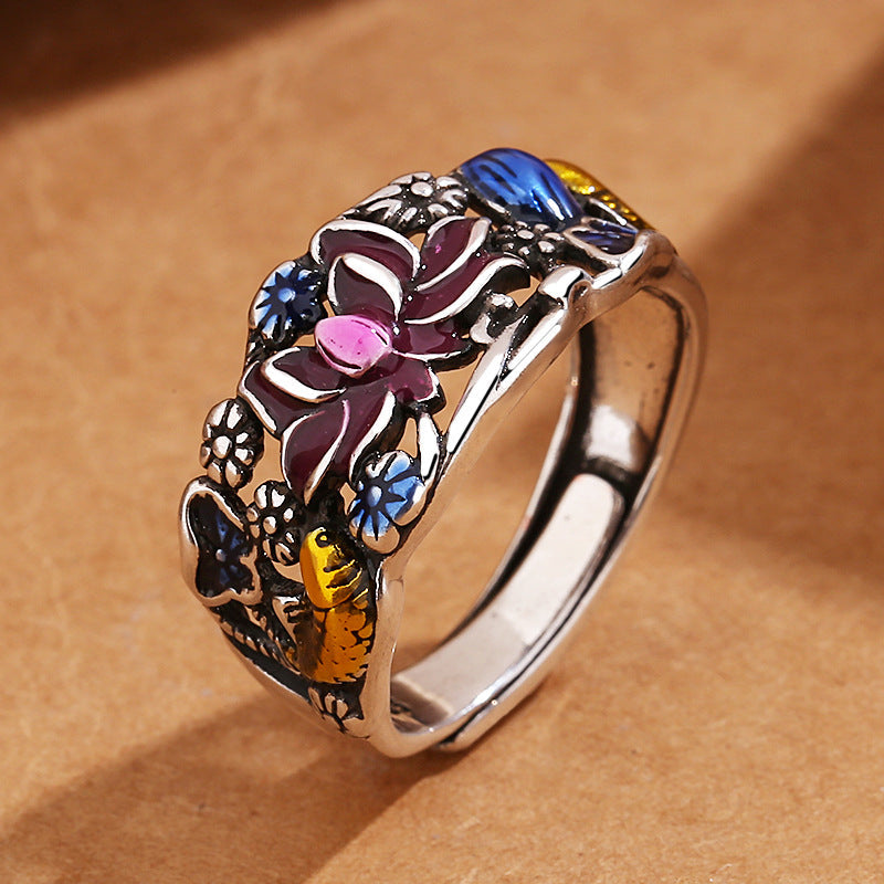 Koi Fish Lotus Flower Leaf Design Luck Wealth Ring
