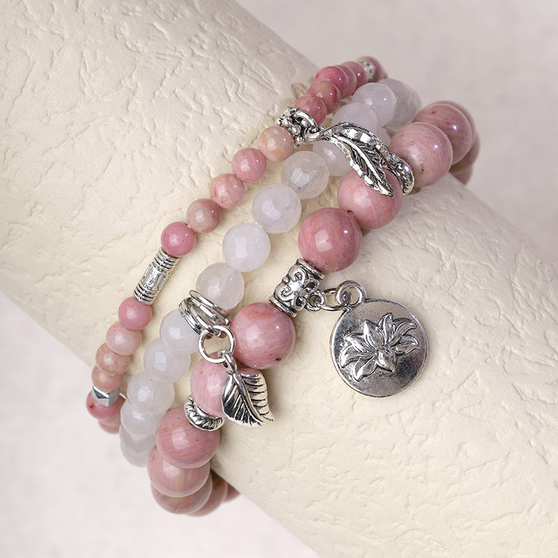 3PCS Natural Gemstone Beaded Lotus Charm Bracelet Set