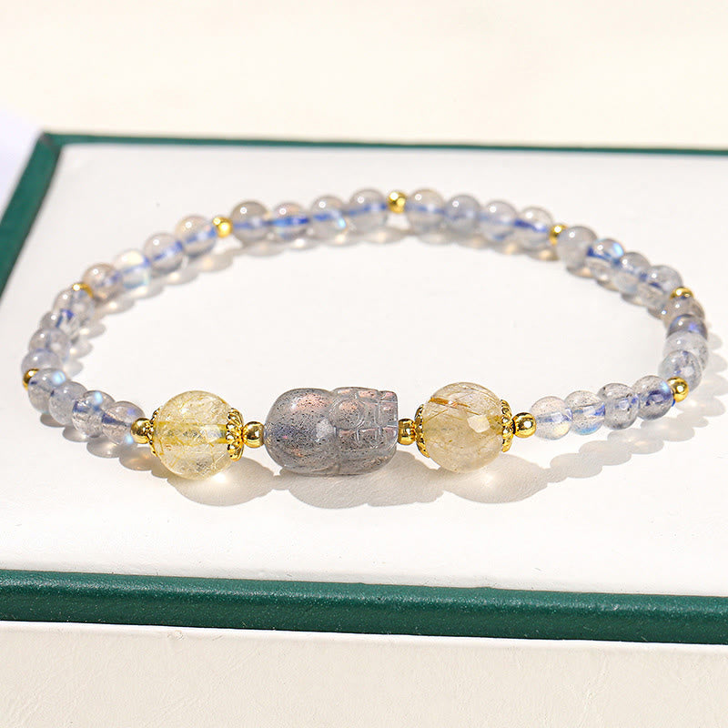 Moonstone Strawberry Quartz Tourmaline PiXiu Healing Bracelet