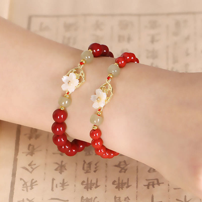 Natural Cinnabar Jade Beaded Tridacna Stone Flower Blessing Bracelet
