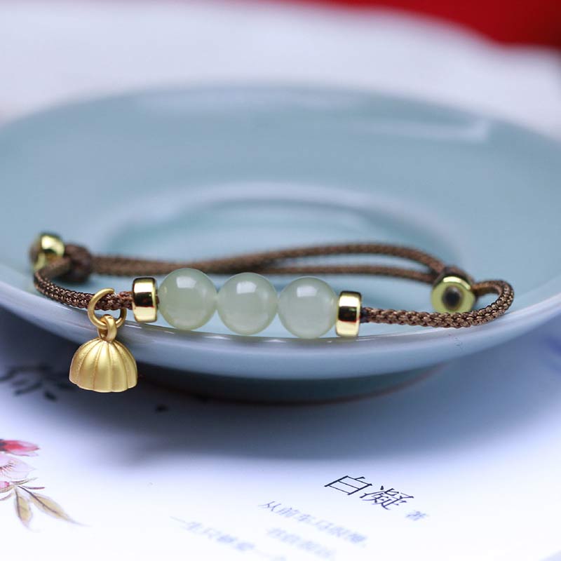 Handmade Natural Jade Lotus Seed Woven Red String Adjustable Bracelet