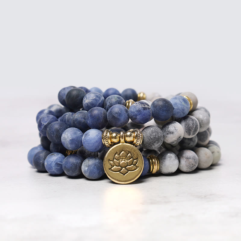108 Natural Stone Mala Bead Lotus Pendant Bracelet