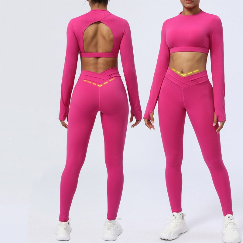2Pcs Long Sleeve Backless Top Bra Leggings Pants Fitness Yoga Outfit Set