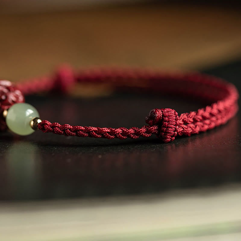 Handmade Cinnabar & Hetian Jade Sterling Silver Chinese Zodiac Fu Red String Bracelet