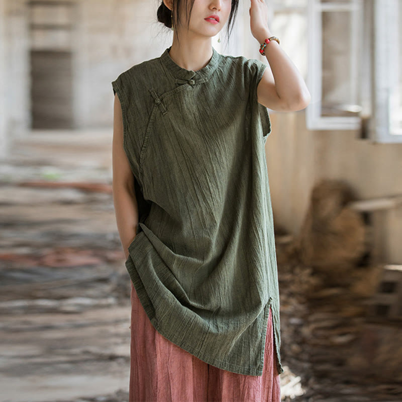 Handmade Tie Dye Ramie Linen Frog-Button Sleeveless Vest