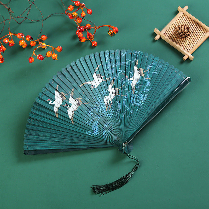 Vintage Cloud Crane Maple Leaf Pattern Handheld Bamboo Folding Fan
