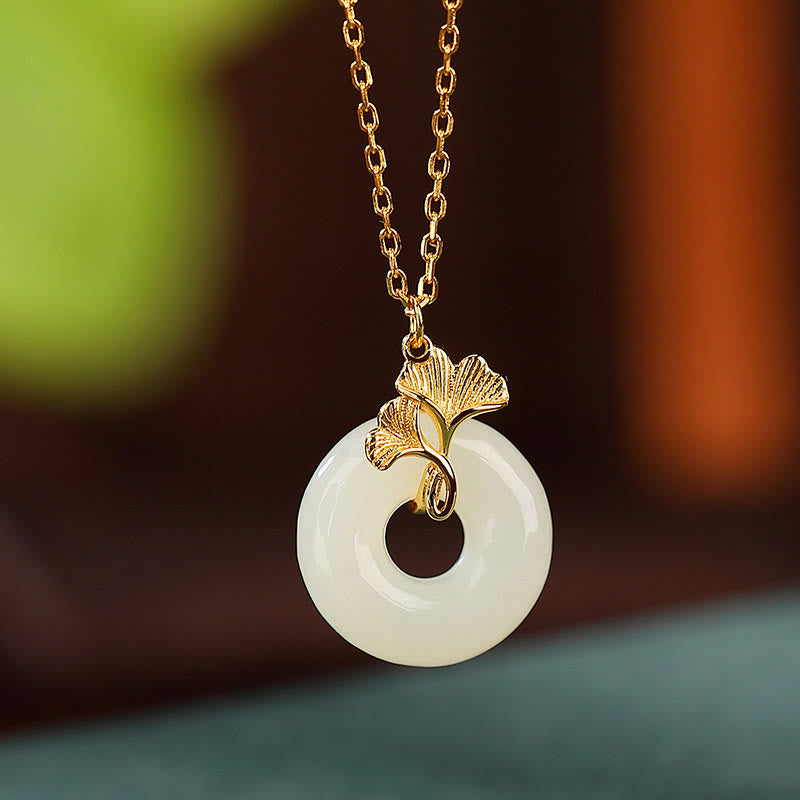925 Sterling Silver Natural Hetian Jade Ginkgo Leaf Peace Buckle Luck Necklace Pendant