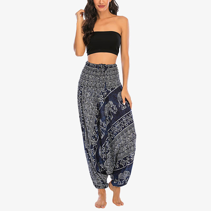 Two Style Wear Elephant Pattern Loose Smocked Harem Trousers Jumpsuit Women's Yoga Pants