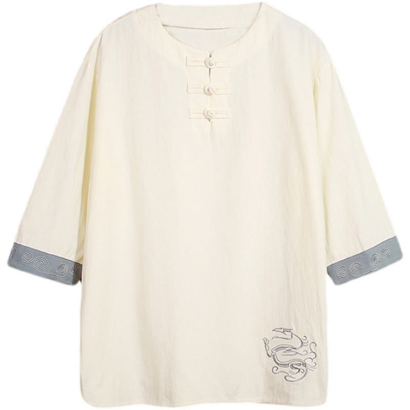 Frog-Button Dragon Embroidery Chinese Tang Suit Three Quarter Sleeve Shirt Cotton Linen Men Clothing
