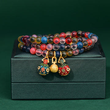 Colorful Candy Agate Gold Swallowing Beast Family Strength Charm Triple Wrap Bracelet