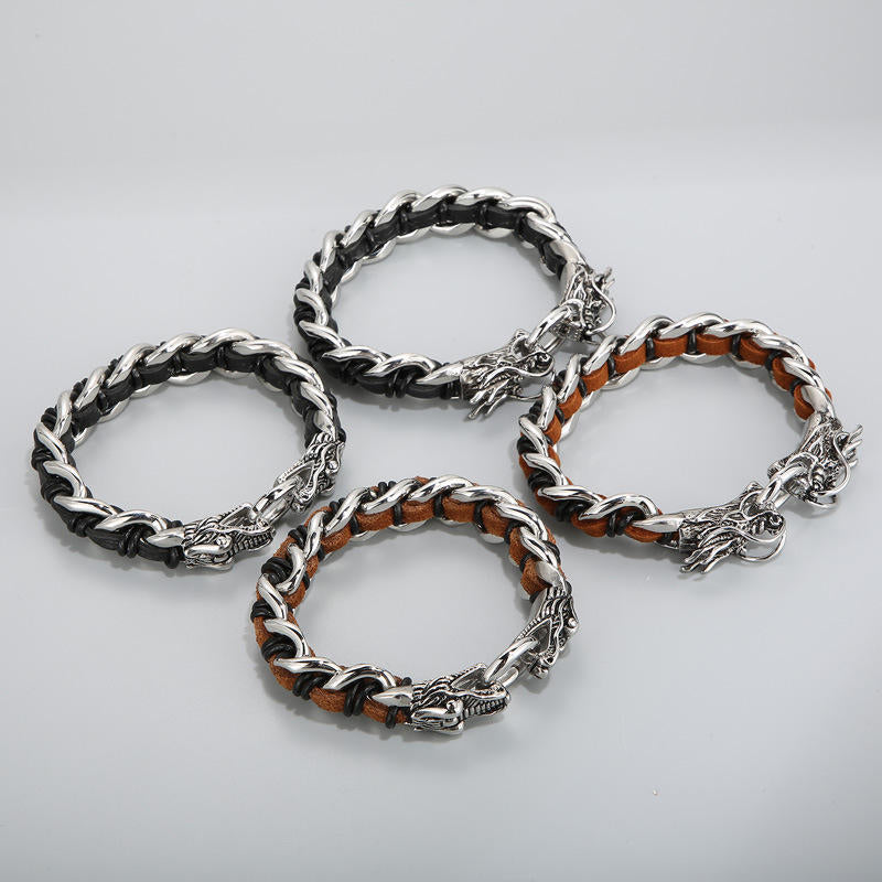 Masculine Dragon Braided Leather and Titanium Steel Bracelet