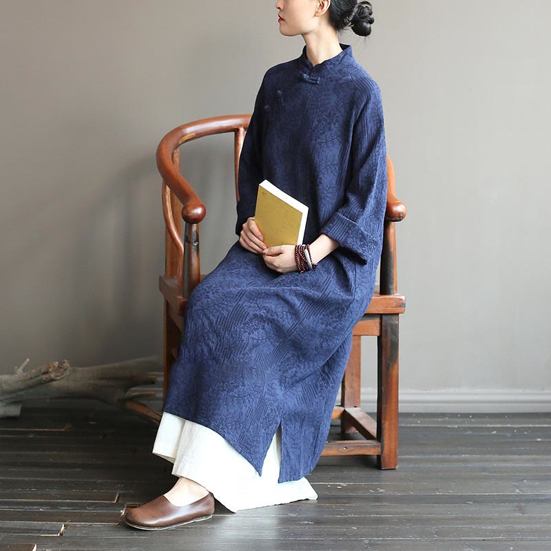 Flower Jacquard Midi Dress Long Sleeve Cotton Linen Dress Wide Leg Pants With Pockets