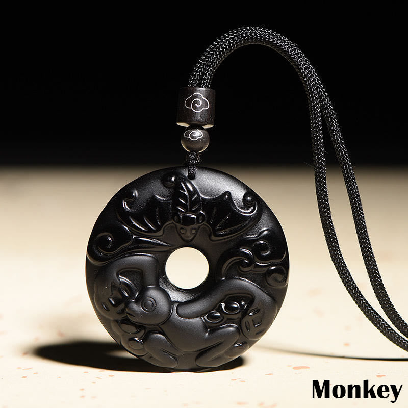 Chinese Zodiac Natural Black Obsidian Peace Buckle Strength Necklace Pendant