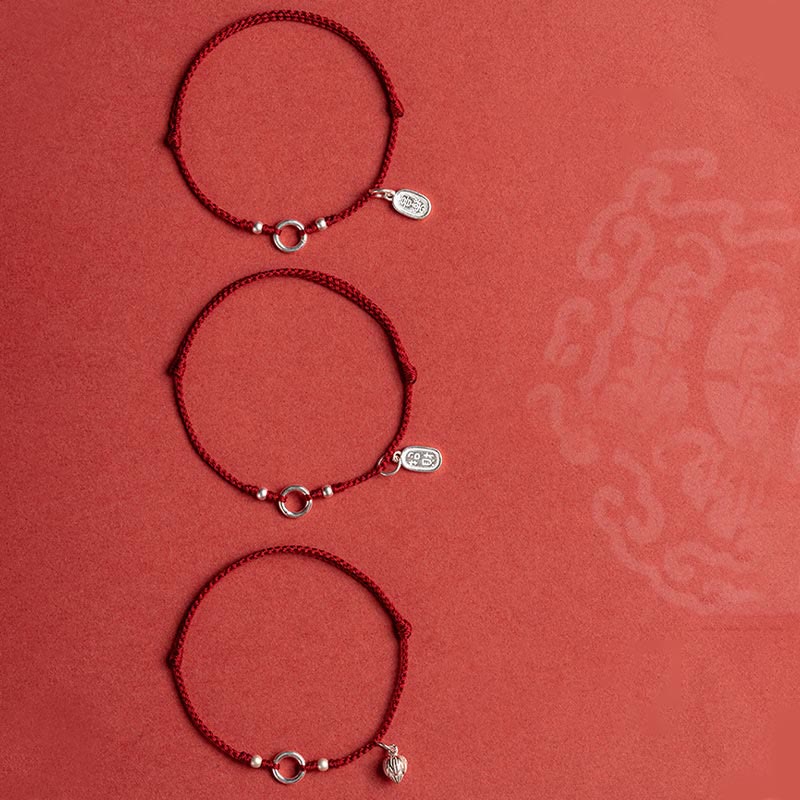 925 Sterling Silver Ping An Kou Lotus Red String Bracelet with Peace and Joy Charms