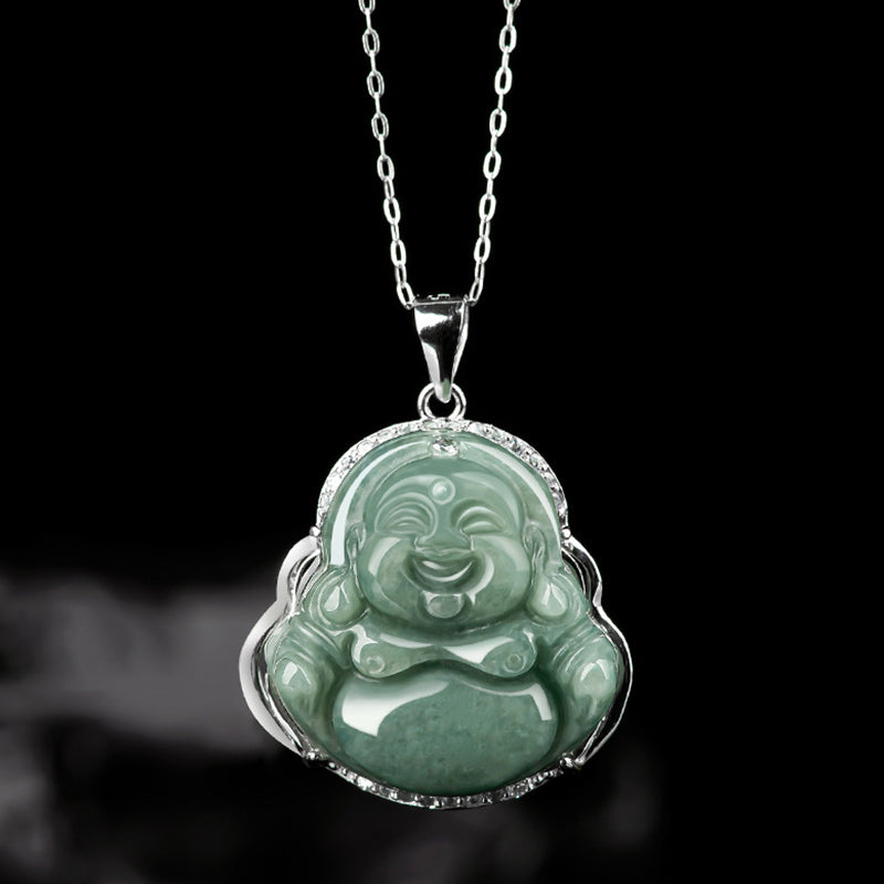 925 Sterling Silver Laughing Buddha Jade Abundance Necklace Chain Pendant