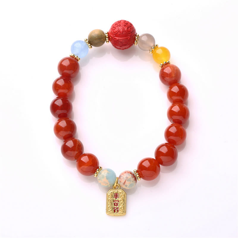 Natural Red Agate & Shoushan Stone Dragon Fu Charm Peace Talisman Bracelet
