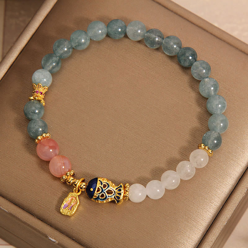 Jade Yanyuan Agate White Jade Koi Fish Scripture Charm Luck Bracelet