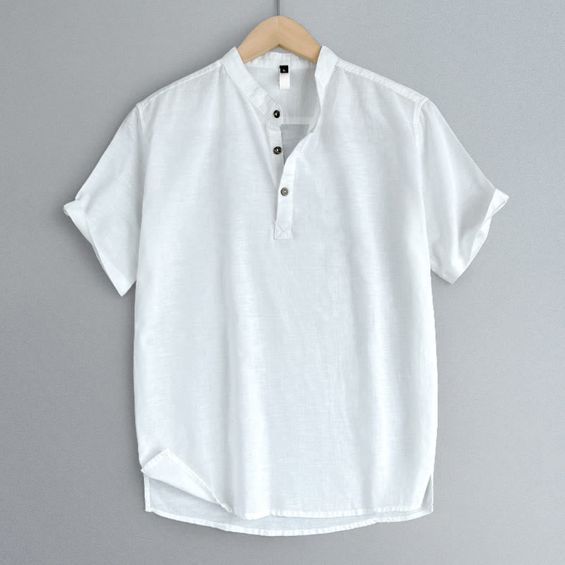 Solid Color Men Short Sleeve Button Linen Shirt