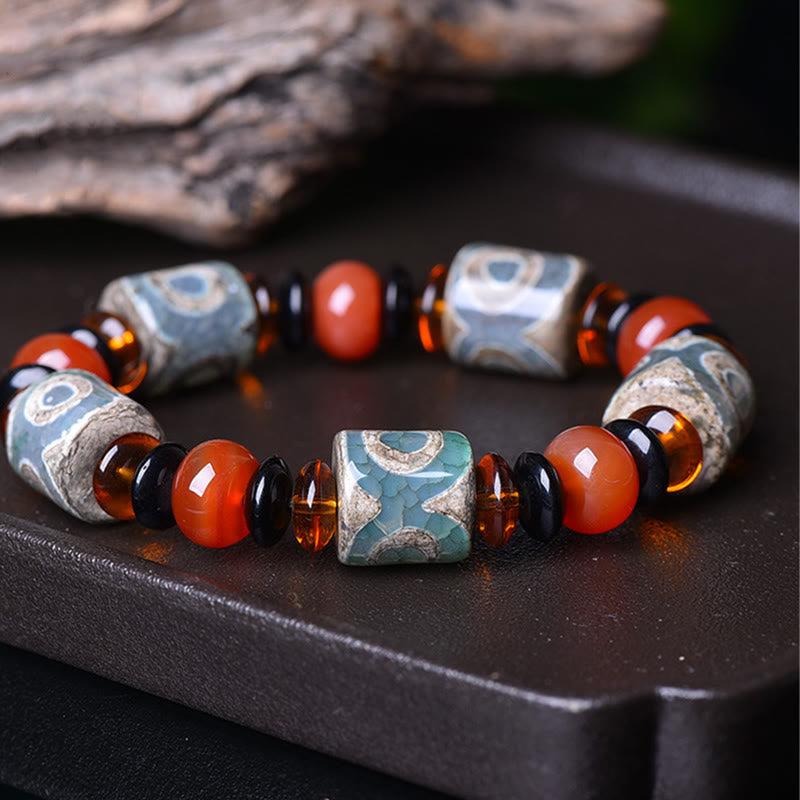 Tibetan Three-eyed Dzi Bead Agate Protection Happiness Bracelet