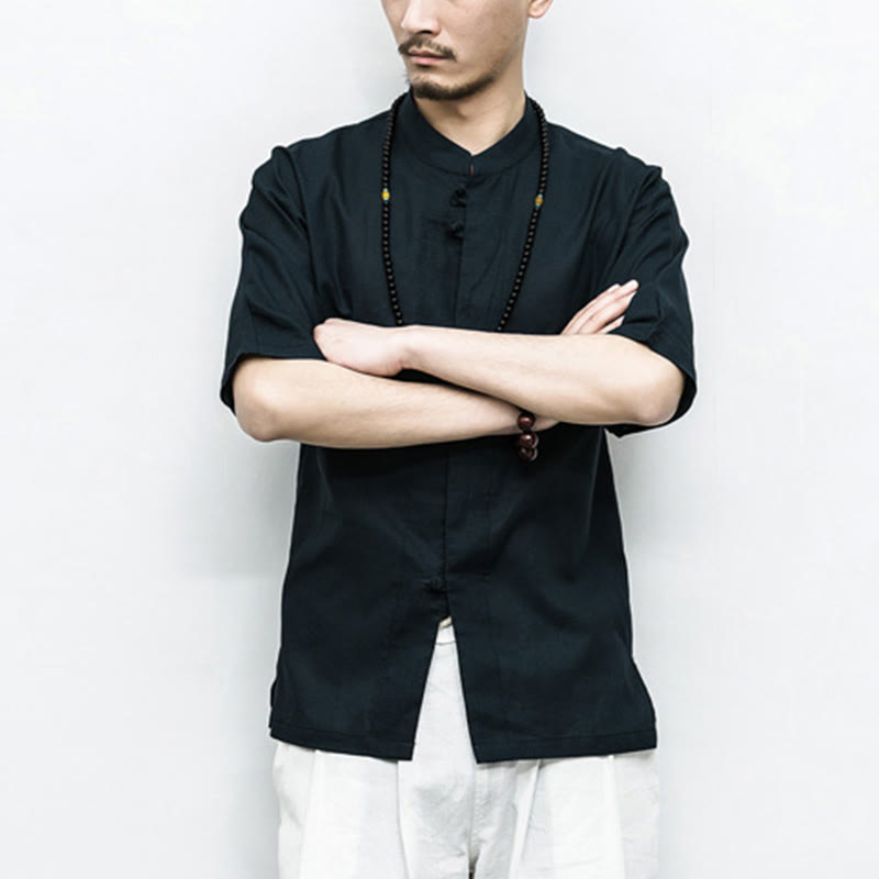 Chinese Frog-Button Tang Suit Zen Half Sleeve Shirt Linen Men Clothing