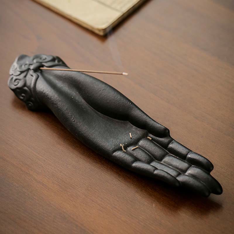 Hand-Finished Ceramic Mudra Hand and Auspicious Clouds Zen Incense Burner