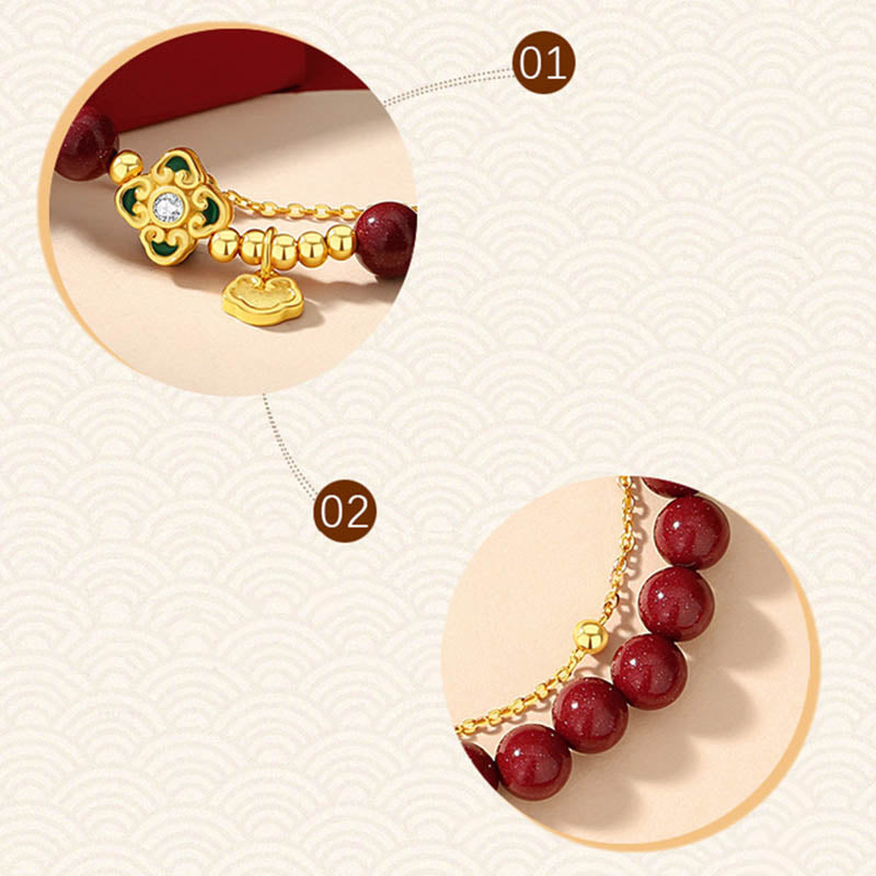 Natural Cinnabar & 925 Sterling Silver Four-Leaf Clover Longevity Lock Chain Bracelet