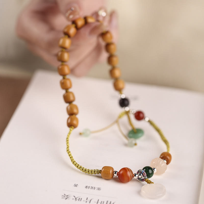 Green Sandalwood Chalcedony Peace Buckle Charm Soothing Double Wrap Bracelet