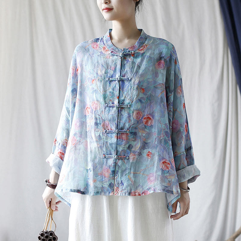 Pink Flowers Green Leaves Print Frog-button Design Long Sleeve Ramie Linen Jacket Shirt