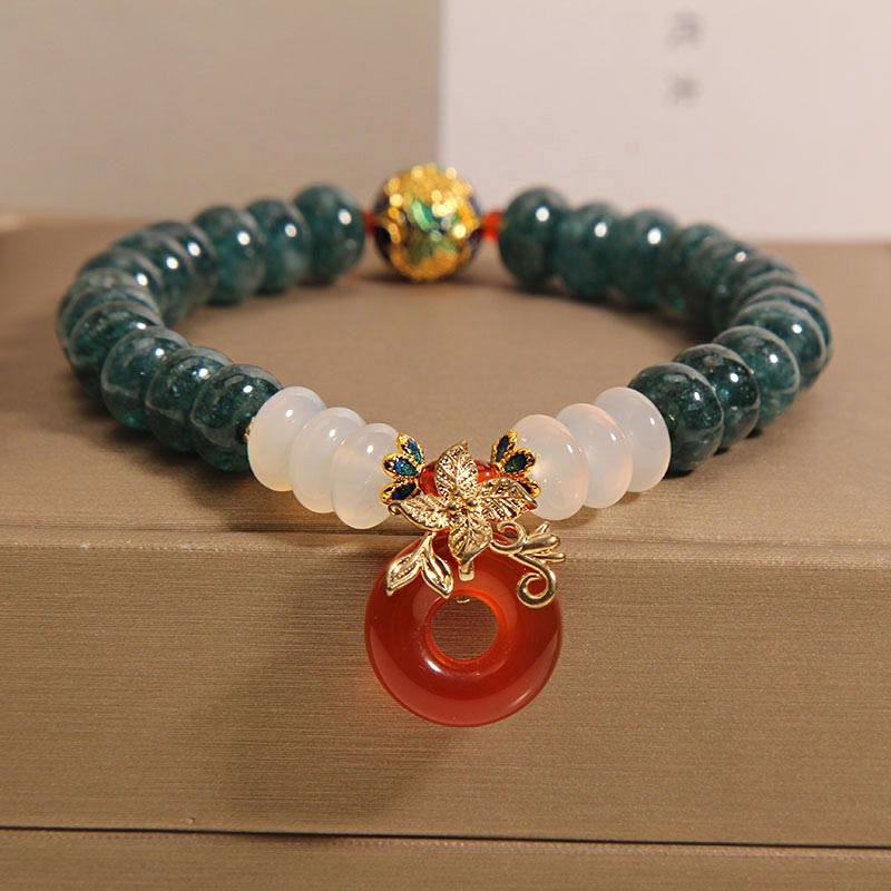 Jade, White & Red Agate Ping An Kou Peace Buckle Abacus Beaded Bracelet