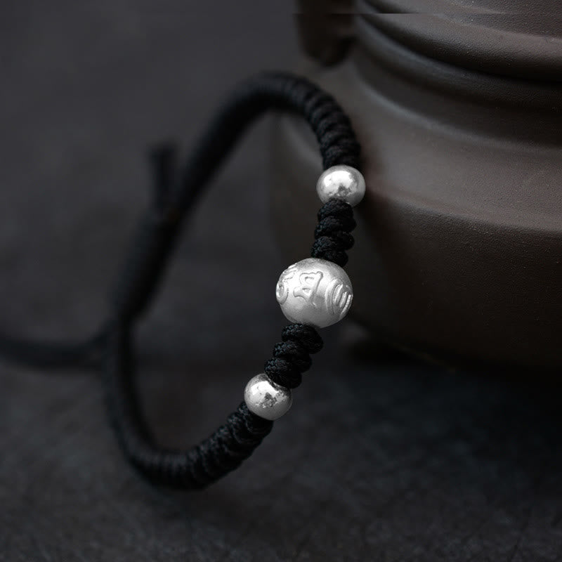 999 Sterling Silver Om Mani Padme Hum Copper Coin Luck Strength String Couple Bracelet