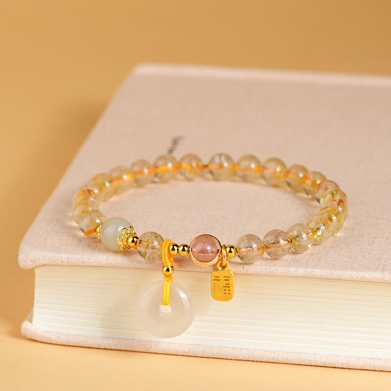 Natural Golden Rutilated Quartz Fu Character Peace Buckle Charm Wealth Bracelet