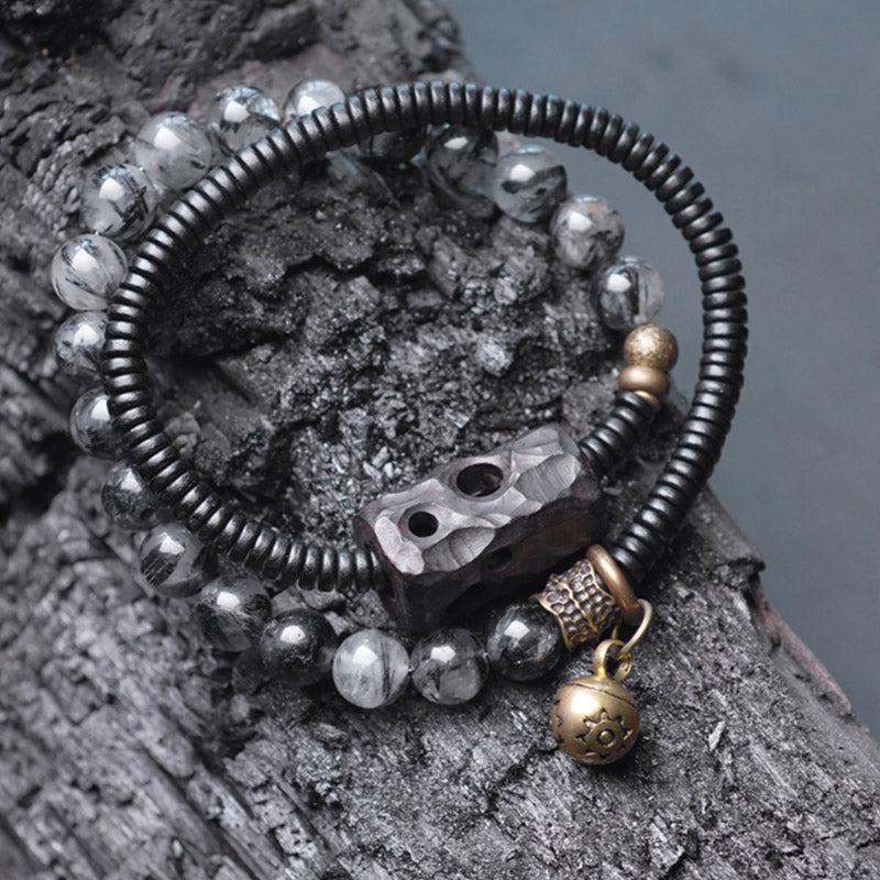 Black Rutilated Quartz Ebony Wood Copper Wisdom Couple Bracelet
