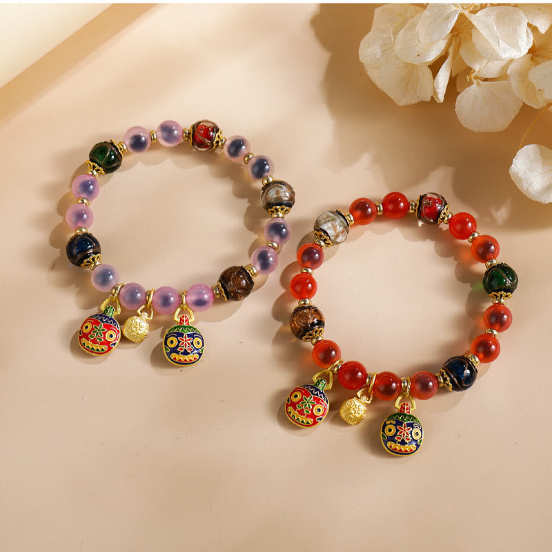 Vibrant Candy Agate & Liuli Beaded Bracelet with Gold Swallowing Beast Family Charm