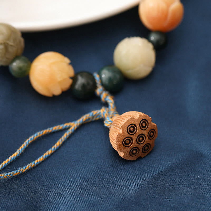 Bodhi Seed Lotus Bead Engraved Moss Agate Peace Calm Bracelet