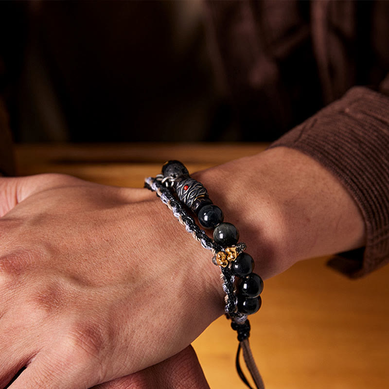 Handmade 925 Sterling Silver Gold Plated Lava Stone, Eagle's Eye & Black Agate Om Mani Beaded Bracelet