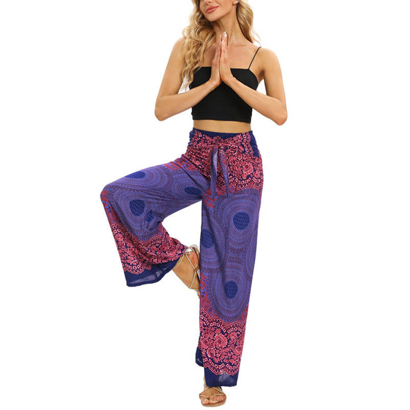 Bohemian Compass Flower Print Lace-up Wide Leg Pants Women's Yoga Pants