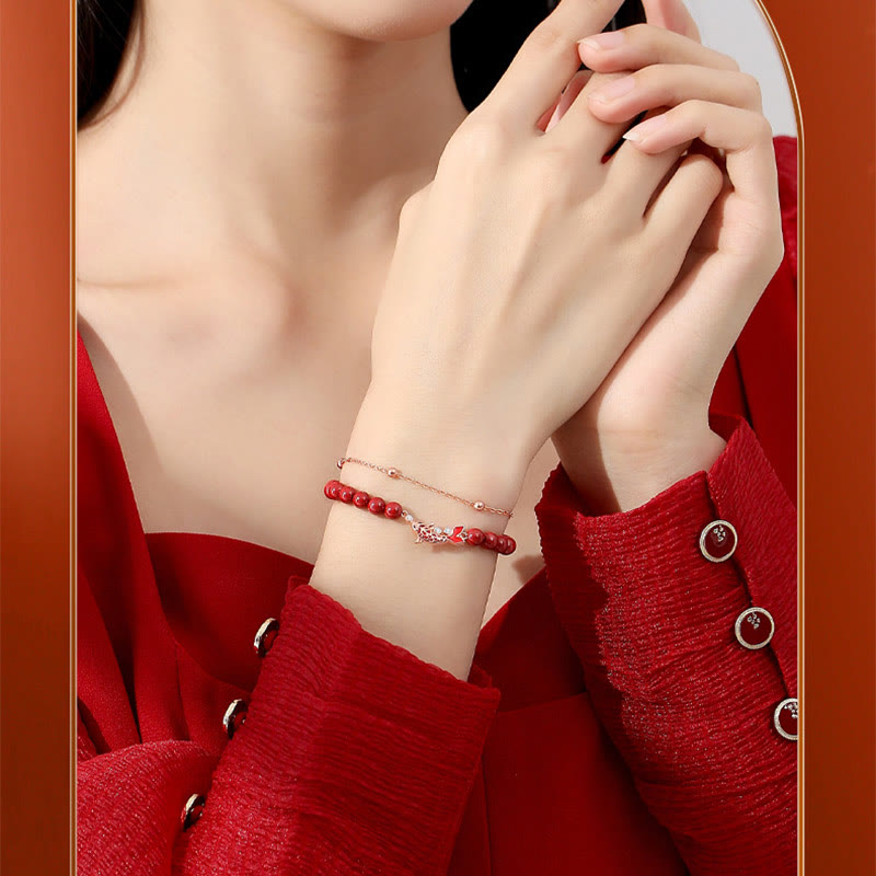 Polished 925 Sterling Silver Koi Fish Charm Bracelet with Cinnabar and Zircon Double Layer Chain